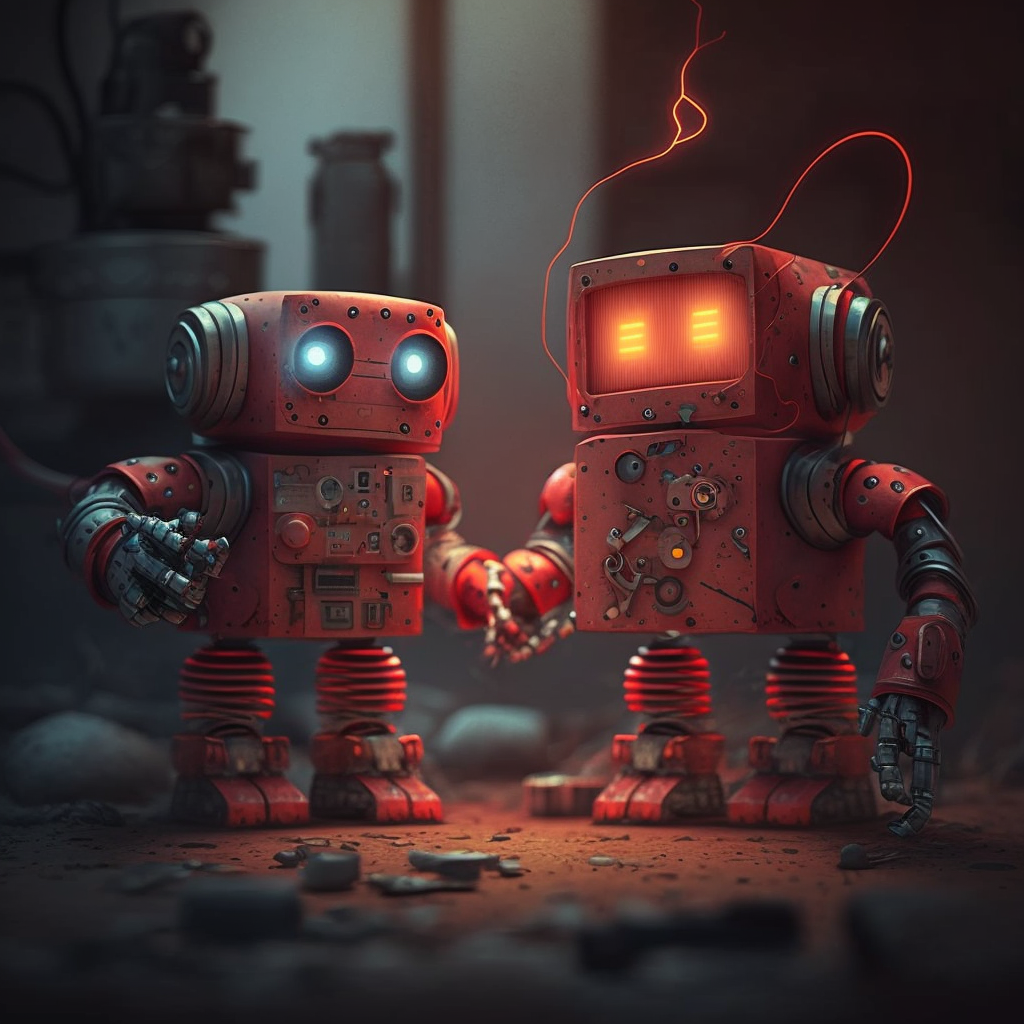 Two red robots, in an image produced by mid-journey