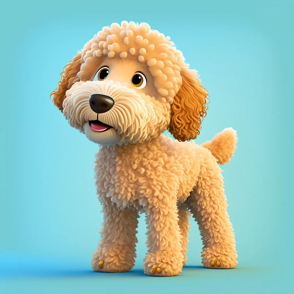 A cute golden doodle dog created by Midjourney, in the Pixar style
