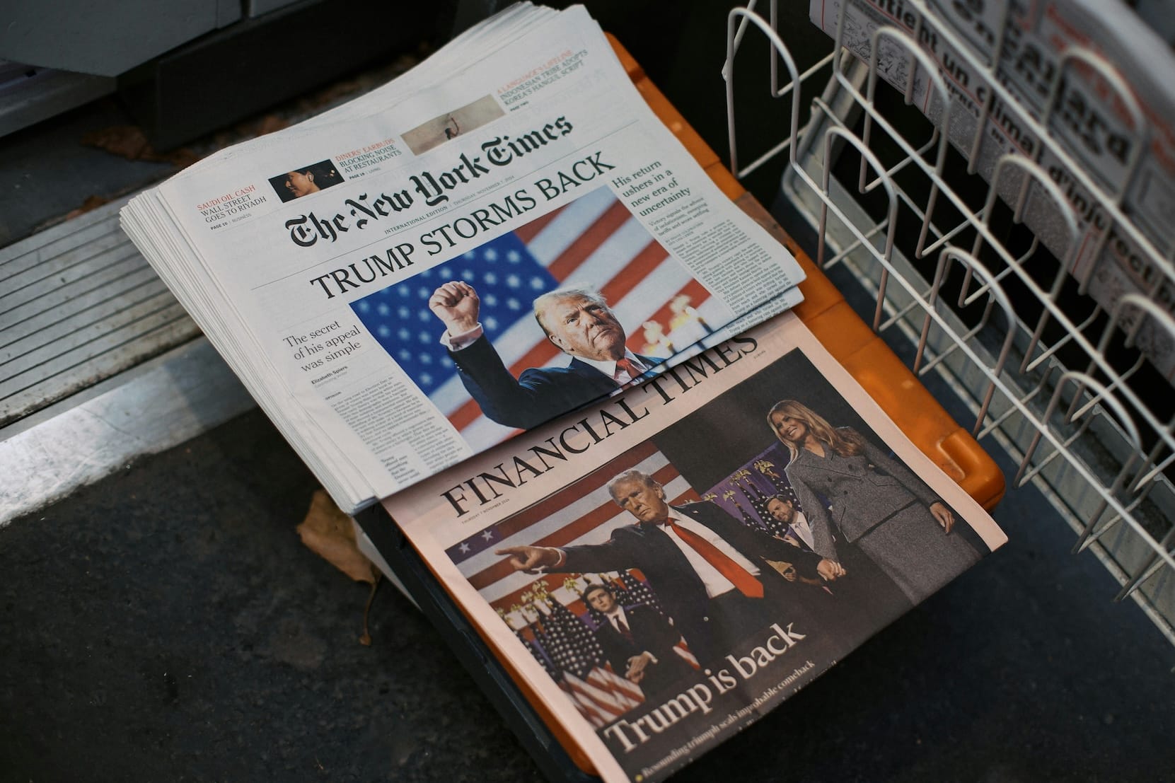 New York Times and Financial Times front pages showing the inauguration of President Donald J Trump
