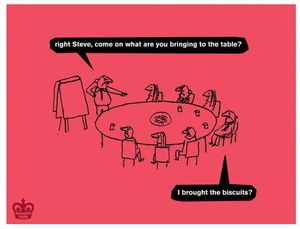 A modern toss cartoon which shows a group of people round a business table.