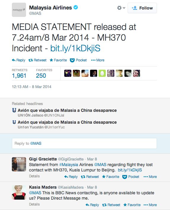 Malaysia Airlines Twitter statement MH370
