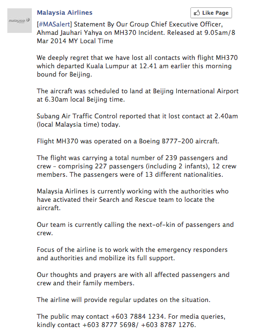 Malaysia Airlines use Facebook to publish statements during crisis